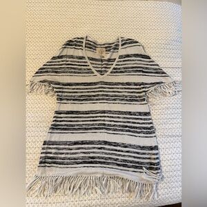 Chaser Ivory and Black Striped Fringe V-Neck Tunic